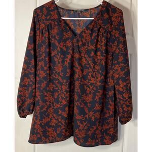 West Kei Navy Orange V Neck 3/4 Sleeve Floral Print Roomy Pull On Top L